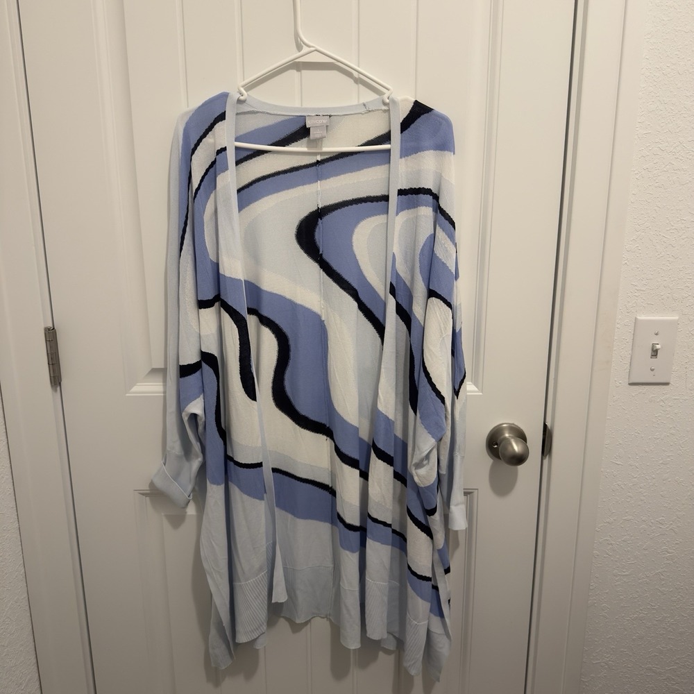 Chicos Women's Long Open Cardigan Blue‎ Swirl Design 3/4 Sleeve Size 1